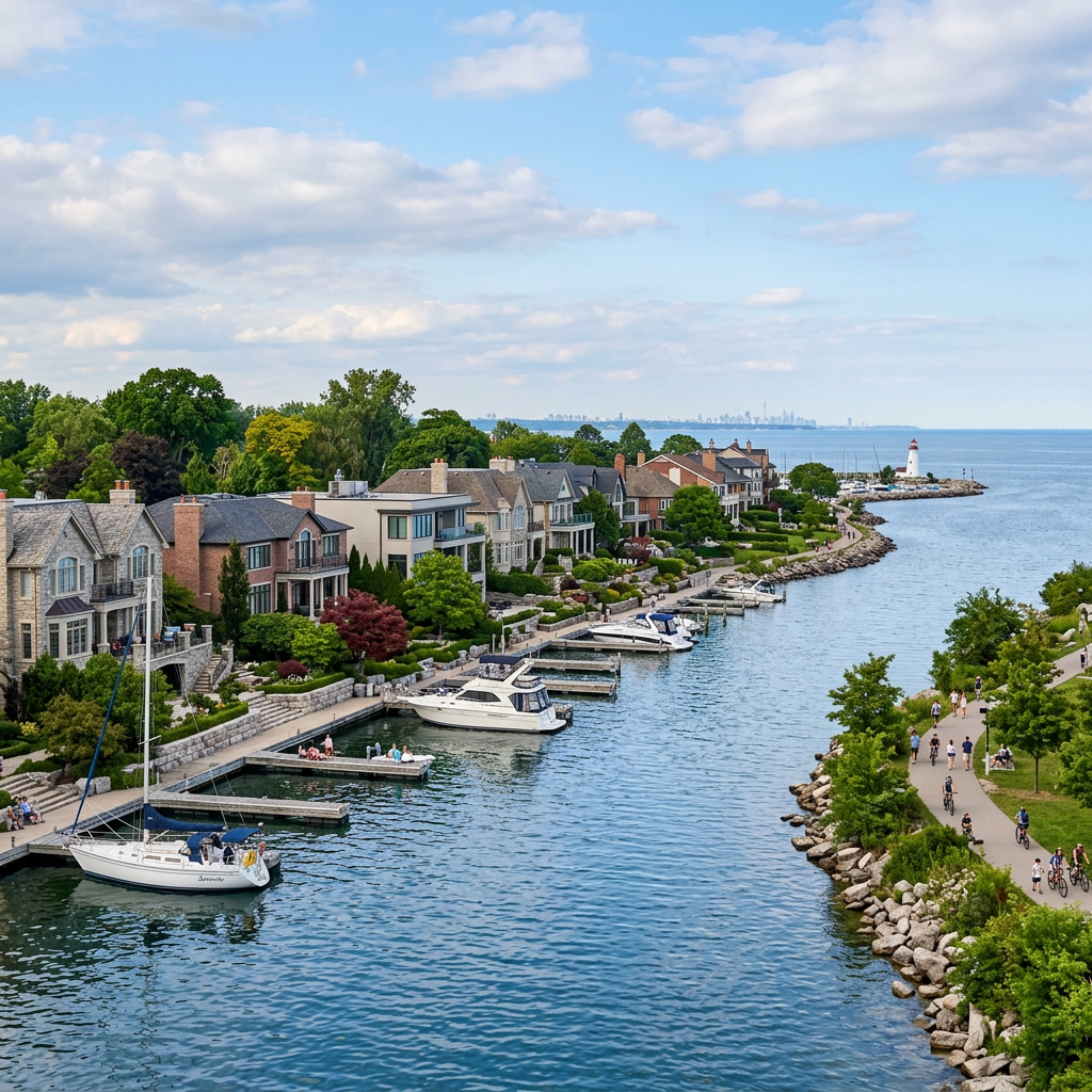 Waterfront neighborhood with houses, boats docked, a lighthouse in the distance, and people walking and biking on a path